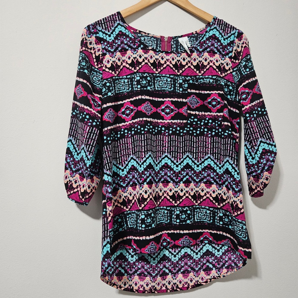 Pink Owl Apparel Women‎ Geometric Tribal Print Tunic Top 3/4 Roll Tab Sleeve S